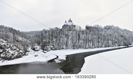 Winter Landscape With A Beautiful Gothic Castle Veveri. Brno City - Czech Republic - Central Europe.