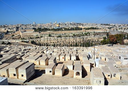 JERUSALEM ISRAEL 23 10 16: Jewish Cemetery on the Mount of Olives, including the Silwan necropolis is the most ancient cemetery in Jerusalem. Burial on the Mount of Olives started some 3,000 years ago