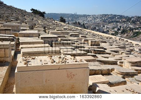 JERUSALEM ISRAEL 23 10 16: Jewish Cemetery on the Mount of Olives, including the Silwan necropolis is the most ancient cemetery in Jerusalem. Burial on the Mount of Olives started some 3,000 years ago