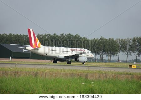 Amsterdam The Netherlands - August 10 2015: D-AGWR Germanwings Airbus A319-100 taxing on the Polderbaan runway to the main terminal of Amsterdam Schiphol Airport