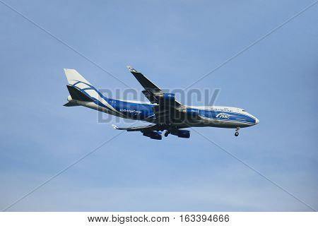 Amsterdam The Netherlands - August 10 2015: VP-BIM AirBridgeCargo Boeing 747-4HAF in flight approaching runway Polderbaan at Schiphol Amsterdam Airport