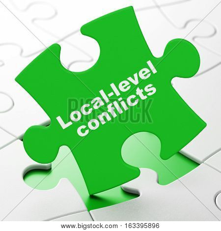 Political concept: Local-level Conflicts on Green puzzle pieces background, 3D rendering