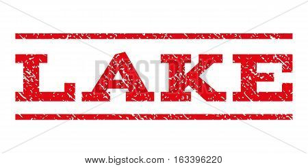 Lake watermark stamp. Text tag between horizontal parallel lines with grunge design style. Rubber seal stamp with dirty texture. Vector intensive red color ink imprint on a white background.