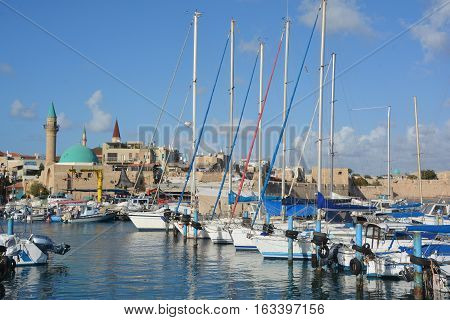 Akko (Acre) Israel 02 11 16: Seaport Akko (Acre), estimated to be about 4,000 years old, is one of Israel most ancient cities and is located on the shores of the Mediterranean Sea