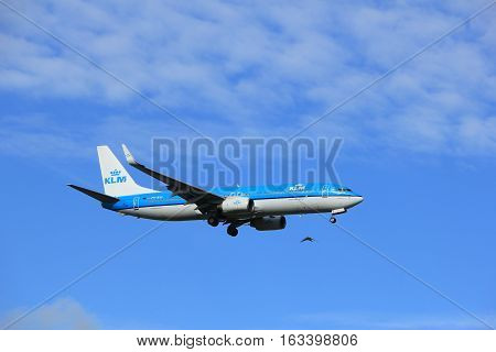 Amsterdam the Netherlands - July 15th 2016:PH-BXV KLM Royal Dutch Airlines Boeing 737 approaching Polderbaan runway at Schiphol Amsterdam Airport arriving from Toulouse France