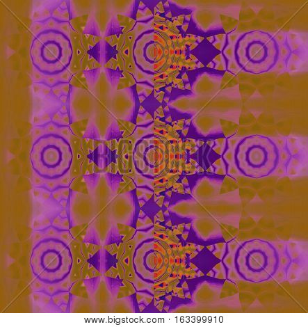 Abstract geometric background. Regular modern concentric circle ornaments in violet and  purple shades on ocher brown with light green and orange elements, conspicuous and dreamy.