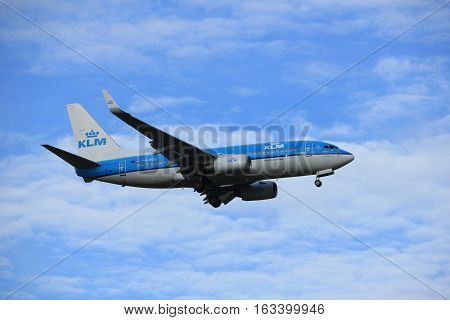 Amsterdam the Netherlands - July 15th 2016: PH-BGG KLM Royal Dutch Airlines Boeing 737 approaching Polderbaan runway at Schiphol Amsterdam Airport arriving from London Valencia Spain
