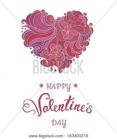 Valentine greeting card with floral ornate heart and lettering. Vector illustration EPS10.