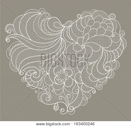 White embroidered lace heart with floral swirls. Vector illustration EPS10.