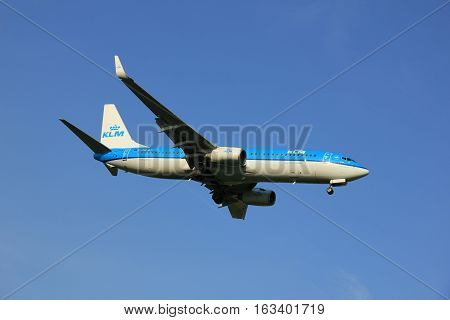 Amsterdam the Netherlands - May 6th 2016: PH-BXY KLM Royal Dutch Airlines Boeing 737 approaching Schiphol Zwanenburg runway arriving from Oslo Norway