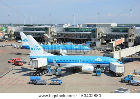 Amserdam The Netherlands - May 13th 2016: KLM Boeings 737 PH BXY and PH BGT preparing to leave to destinations in the United Kingdom