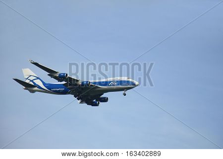 Amsterdam The Netherlands - August 10 2015: VP-BIM AirBridgeCargo Boeing 747-4HAF in flight approaching runway Polderbaan at Schiphol Amsterdam Airport