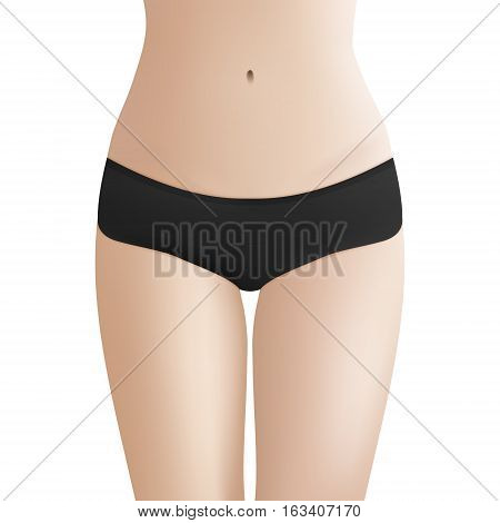 Beautiful woman s body in black bikini panties. Realistic vector template for design. Women health and intimate hygiene concept. EPS10 illustration.