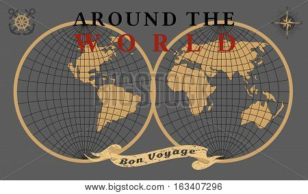 Travel concept. Around the world ship cruise. Ribbon have nice trip - Bon voyage in French letters. Freehand cartoon retro style. Tourist vessel tour vacation. Vintage banner background