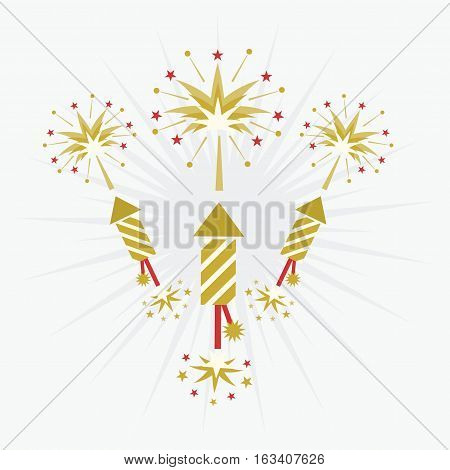 Abstract golden and red rocket firework and blasts on off white background