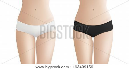 Beautiful woman s body in white and black bikini panties. Realistic vector template for design. Women health and intimate hygiene concept. EPS10 illustration.
