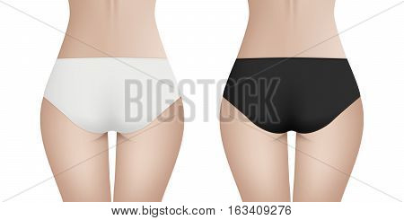 Beautiful woman s body in white and black bikini panties. Realistic vector template for design. Women health and intimate hygiene concept. EPS10 illustration.