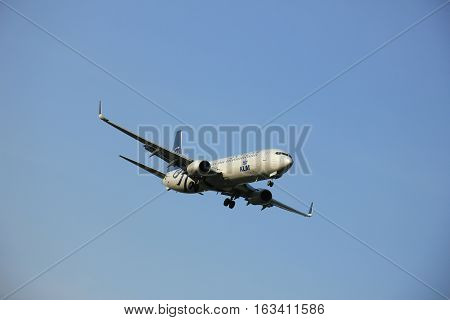 Amsterdam the Netherlands - May 6th 2016: PH-BXO KLM Royal Dutch Airlines Boeing 737 approaching Schiphol Zwanenburg runway arriving from St Petersburg Russia
