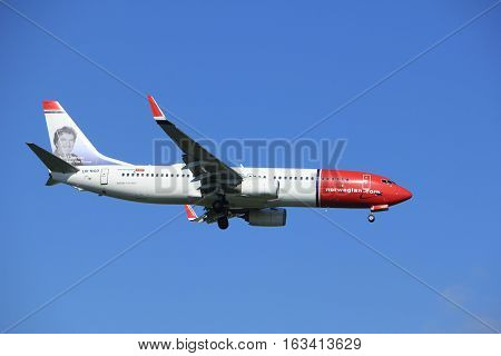 Amsterdam the Netherlands - June 24th 2016: LN-NGD Norwegian Air Shuttle Boeing 737 approaching Polderbaan runway Amsterdam Schiphol arriving from Copenhagen Danmark