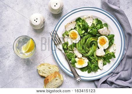 Green Salad With Chicken,avocado And Eggs.top View.