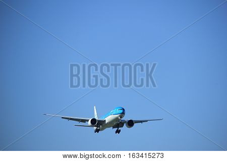Amsterdam the Netherlands - June 24th 2016: PH-BVR KLM Royal Dutch Airlines Boeing 777 approaching Polderbaan runway Amsterdam Schiphol arriving from Kuala Lumpur Malaysia