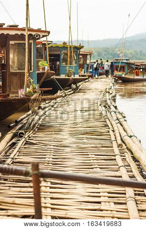 Bamboo buoyancy floating in the river north Laos.