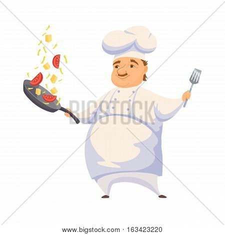 Chef cooking pasta sauce in restaurant or hotel kitchen. Cute cook in uniform holding pan and toss vegetables. Cartoon smile kitchener making healthy wok food. Professional master catering service