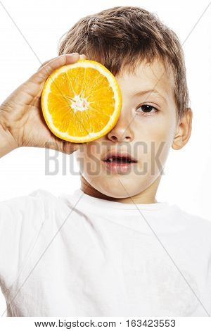 little cute boy with orange fruit double isolated on white smiling without front teeth adorable kid cheerful close up