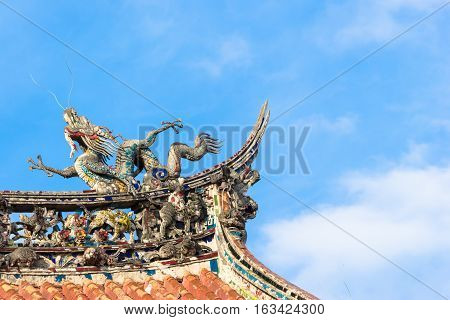 Asia culture concept - Roof with beautiful decoration of famous heritage landmark the traditional old oriental Chinese temple lungshan in Taipei Taiwan