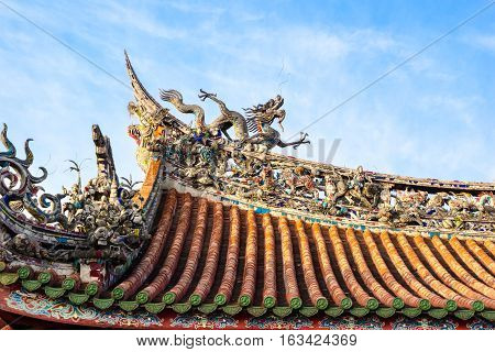 Asia culture concept - Roof with beautiful decoration of famous heritage landmark the traditional old oriental Chinese temple lungshan in Taipei Taiwan