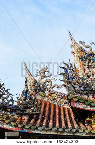 Asia culture concept - Roof with beautiful decoration of famous heritage landmark the traditional old oriental Chinese temple lungshan in Taipei Taiwan
