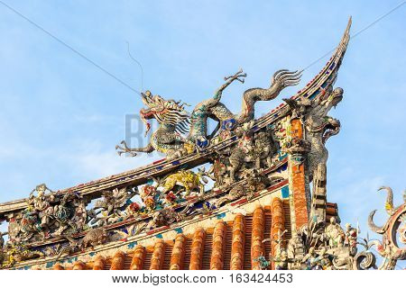 Asia culture concept - Roof with beautiful decoration of famous heritage landmark the traditional old oriental Chinese temple lungshan in Taipei Taiwan