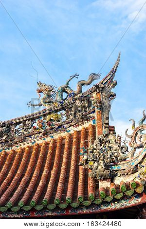 Asia culture concept - Roof with beautiful decoration of famous heritage landmark the traditional old oriental Chinese temple lungshan in Taipei Taiwan