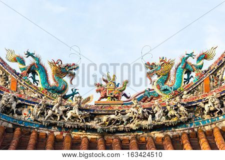 Asia culture concept - Roof with beautiful decoration of famous heritage landmark the traditional old oriental Chinese temple lungshan in Taipei Taiwan