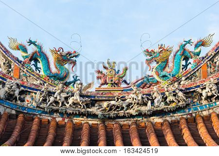Asia culture concept - Roof with beautiful decoration of famous heritage landmark the traditional old oriental Chinese temple lungshan in Taipei Taiwan