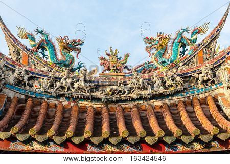 Asia culture concept - Roof with beautiful decoration of famous heritage landmark the traditional old oriental Chinese temple lungshan in Taipei Taiwan