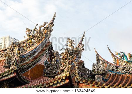 Asia culture concept - Roof with beautiful decoration of famous heritage landmark the traditional old oriental Chinese temple lungshan in Taipei Taiwan