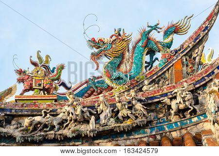Asia culture concept - Roof with beautiful decoration of famous heritage landmark the traditional old oriental Chinese temple lungshan in Taipei Taiwan