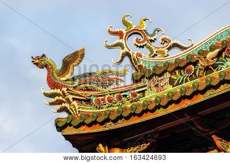 Asia culture concept - Roof with beautiful decoration of famous heritage landmark the traditional old oriental Chinese temple lungshan in Taipei Taiwan