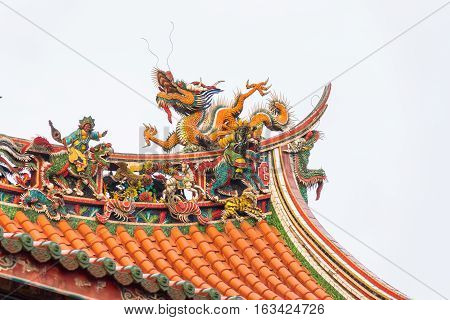 Asia culture concept - Roof with beautiful decoration of famous heritage landmark the traditional old oriental Chinese temple lungshan in Taipei Taiwan