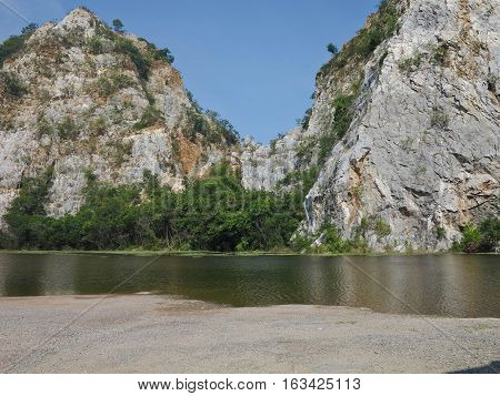 Beautiful landscape with mountain, sky, trees, lake at Khao Ngu Rock Park Thailand