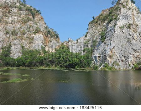 Beautiful landscape with mountain, sky, trees, lake at Khao Ngu Rock Park Thailand