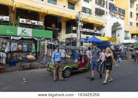 BANGKOK THAILAND - DEC 24 : tuktuk taxi service in Khao San road on december 24 2016. tuktuk is popular server for tourist in Bangkok.