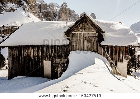 Skiing Dolomites Winter cabin traditional alpine life