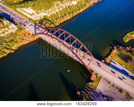 Aerial Drone View Above 360 Bridge Or Pennybacker Bridge In Austin , Texas , Usa Near The Top Of Sus