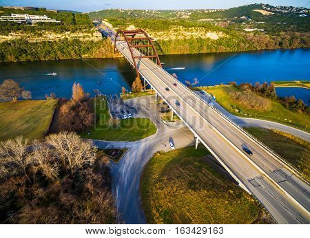 Aerial Drone View Looking Straight Down Above 360 Bridge Or Pennybacker Bridge In Austin , Texas , U