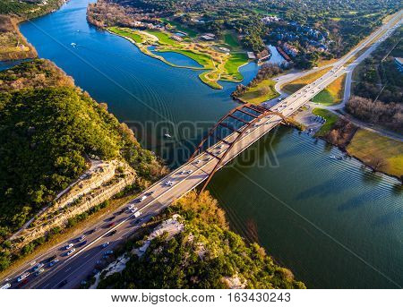 Aerial Drone View Looking Straight Down Above 360 Bridge Or Pennybacker Bridge In Austin , Texas , U