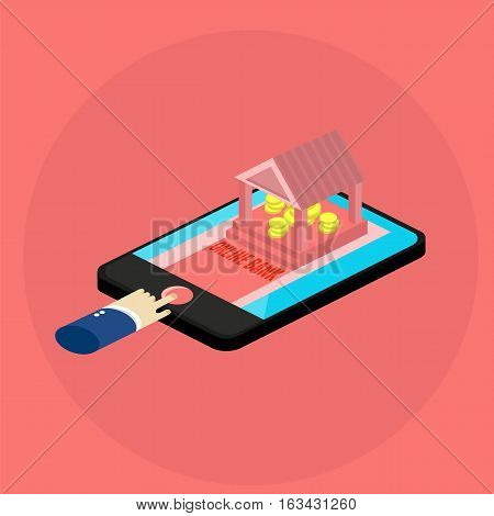 Isometric illustration vector. Pay via online Bank in your mobile phone.