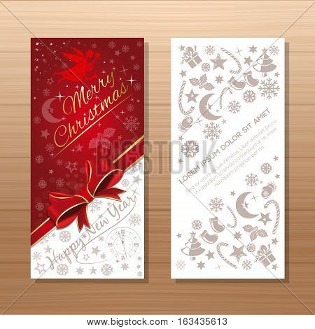Christmas flyers template. Background with Christmas angel, clock, Christmas decorative elements and greeting inscription - Merry Christmas and Happy New Year. Vector gift card