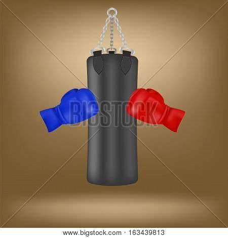 Boxing Gloves and Black Sport Bag Isolated on Brown Background